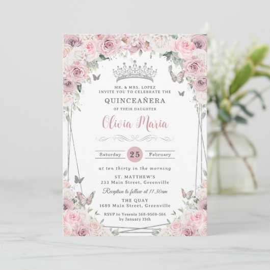 Blush Dusty Roze Witte Bloemen Zilver Quinceañera Kaart (Staand voorkant)