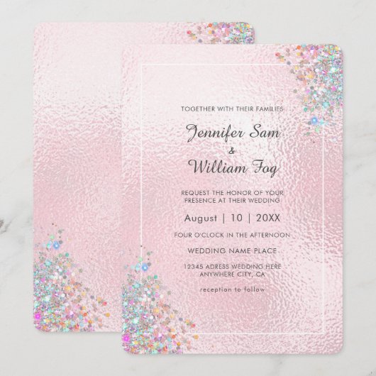 Blush Elegant Modern Holografisch Glitter Metallic Kaart (Voorkant / Achterkant)