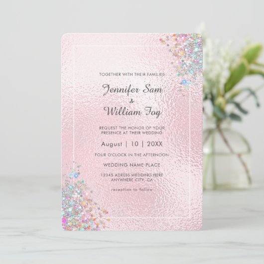 Blush Elegant Modern Holografisch Glitter Metallic Kaart (Staand voorkant)