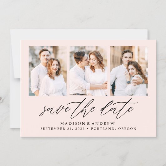 Blush Elegant Script 3 Foto Collage Save the Date Magnetische Uitnodiging (Voorkant)