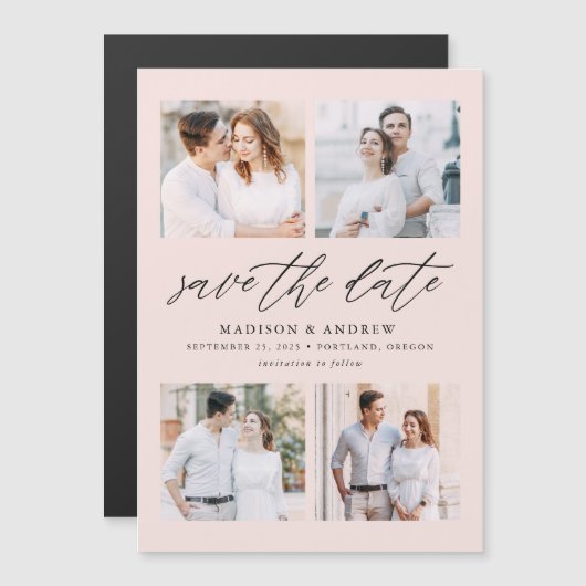 Blush Elegant Script 4 Foto Collage Save The Date Magnetische Uitnodiging (Voorkant / Achterkant)