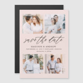 Blush elegant script 4 Photo Collage Save the Date Magnetische Uitnodiging (Voorkant / Achterkant)