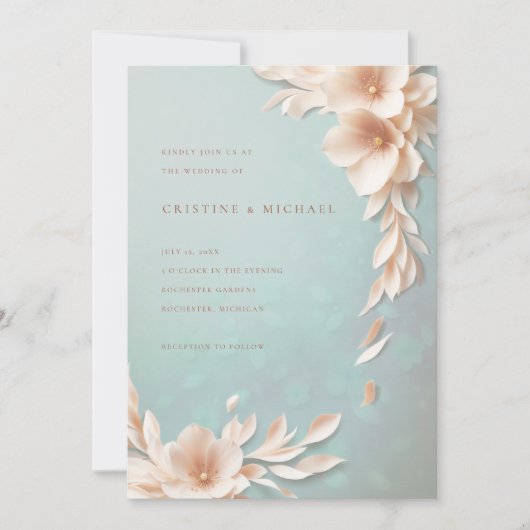 Blush en Aqua 3D bloemenbruiloft Kaart (Voorkant)