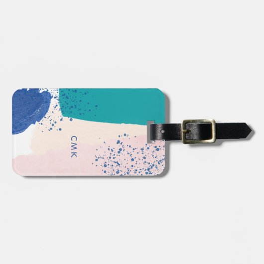 Blush en blauw | Abstracte Waterverf en monogram Bagagelabel (Voorkant horizontaal)