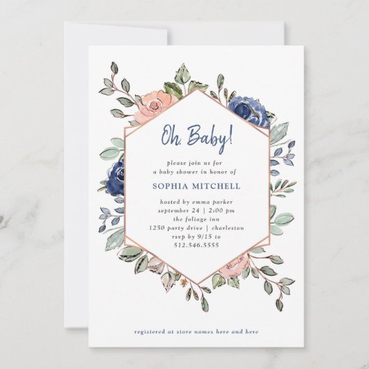 Blush en Blue Floral Geometric | Oh Baby shower Kaart (Voorkant)