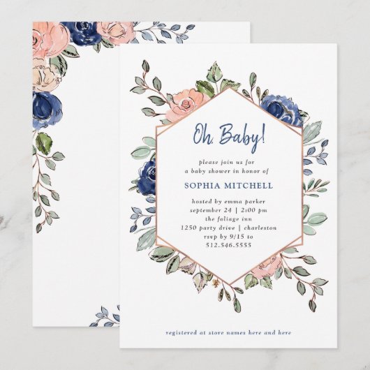Blush en Blue Floral Geometric | Oh Baby shower Kaart (Voorkant / Achterkant)