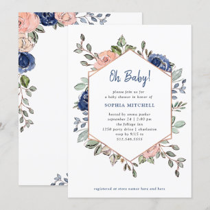 Blush en Blue Floral Geometric Oh Baby shower Kaart