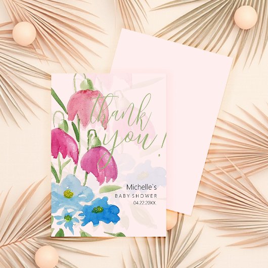 Blush en Blue Spring Waterverf Flowers Bedankkaart