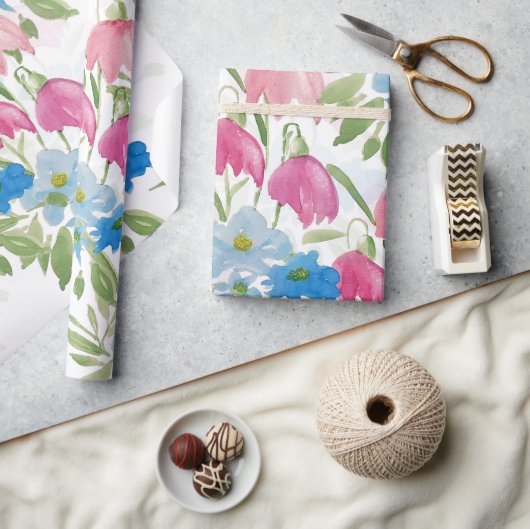 Blush en Blue Spring Waterverf Flowers Cadeaupapier (Crafts)