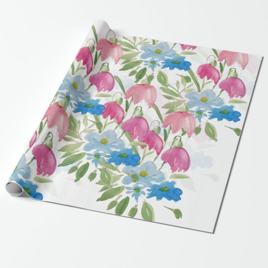 Blush en Blue Spring Waterverf Flowers Cadeaupapier (Uitgerold)