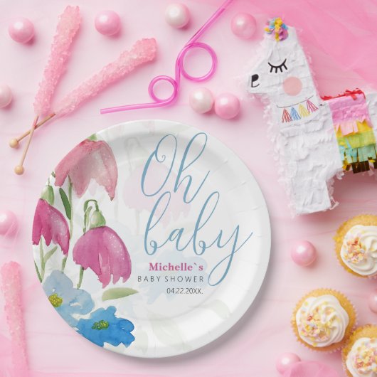 Blush en Blue Spring Waterverf Flowers Papieren Bordje (Feest)