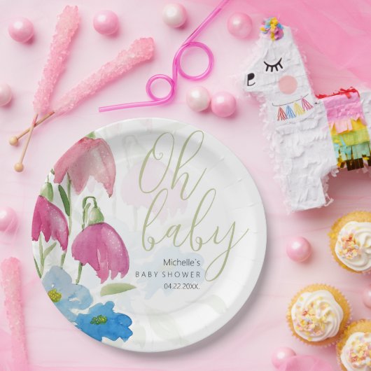 Blush en Blue Spring Waterverf Flowers Papieren Bordje (Feest)