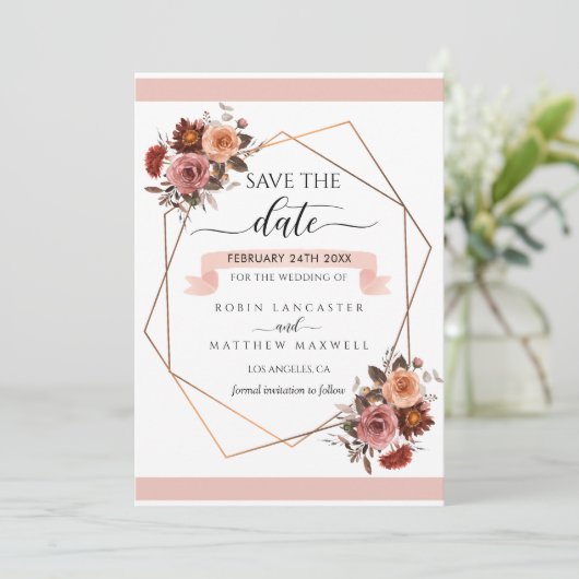 Blush en Bourgogne Bloemen, Save the Date Kaart (Staand voorkant)