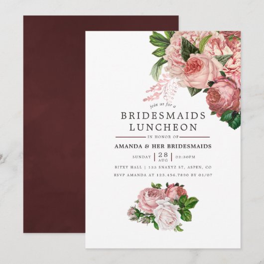  Blush en Bourgogne Bridesmaids Luncheon Kaart (Voorkant / Achterkant)