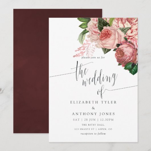  Blush en Bourgogne Floral Wedding Invite Kaart (Voorkant / Achterkant)