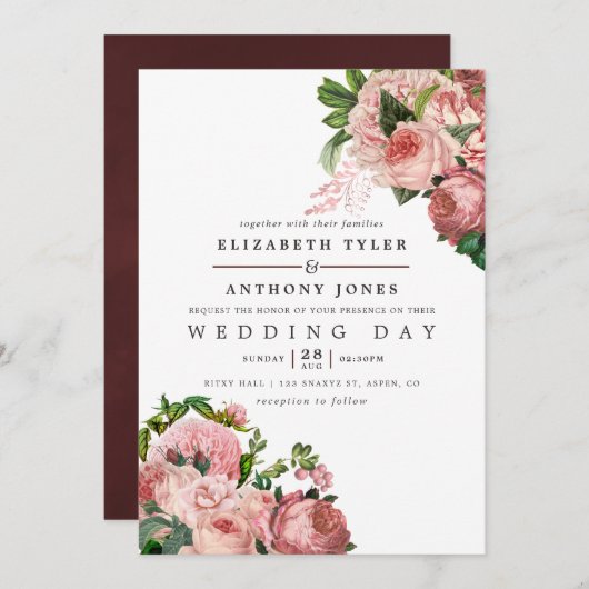 Blush en Bourgogne Floral Wedding Kaart (Voorkant / Achterkant)