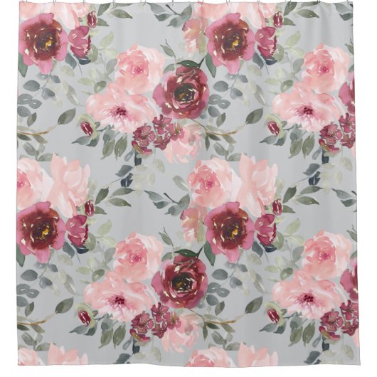 Blush en Bourgogne Flowers op Grey Douchegordijn (Voorkant)