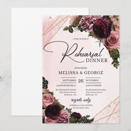 Blush en Bourgogne rozen bloemen gouden lijst Kaart (Voorkant / Achterkant)