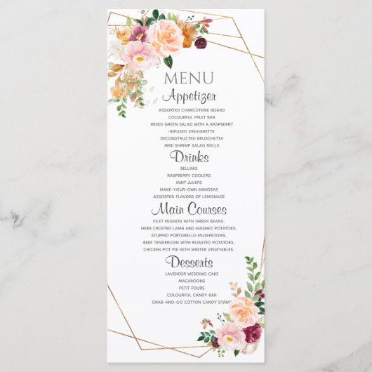 Blush en Bourgogne Rozen Flat Menu. Menu (Voorkant)