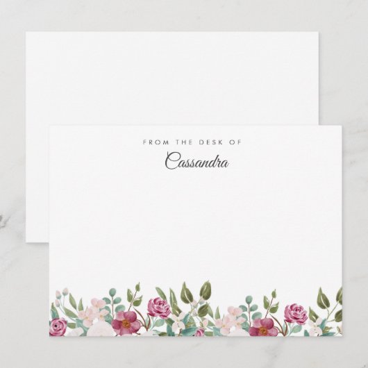 Blush en Bourgogne Waterverf Floral gepersonalisee Notitiekaartje (Voorkant / Achterkant)