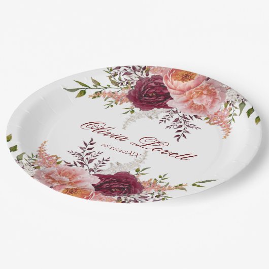 Blush en Bourgogne Waterverf Peony Vrijgezellenfee Papieren Bordje (Gekanteld)