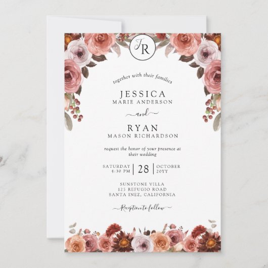 Blush en Bourgondië, Monogram Bloemen Bruiloft Kaart (Voorkant)