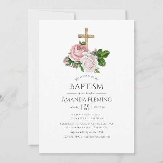 Blush en Bourgondische Bloemen Doop Kaart (Voorkant)