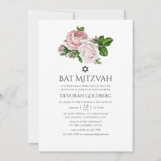 Blush en Bourgondische Bloemvleermuis Mitzvah Kaart (Voorkant)