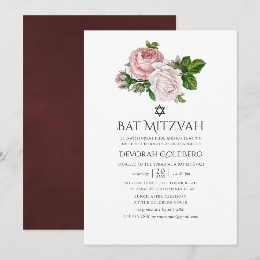 Blush en Bourgondische Bloemvleermuis Mitzvah Kaart (Voorkant / Achterkant)