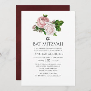  Blush en Bourgondische Bloemvleermuis Mitzvah Kaart