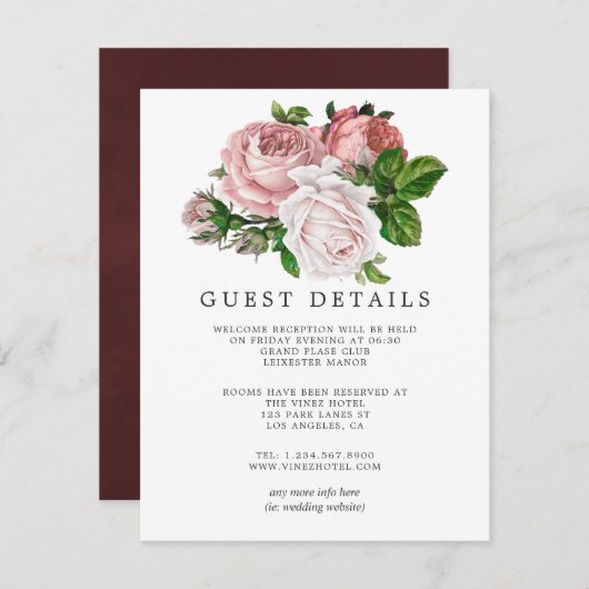 Blush en Bourgondische bruiloft Gast Details Informatiekaartje (Voorkant / Achterkant)