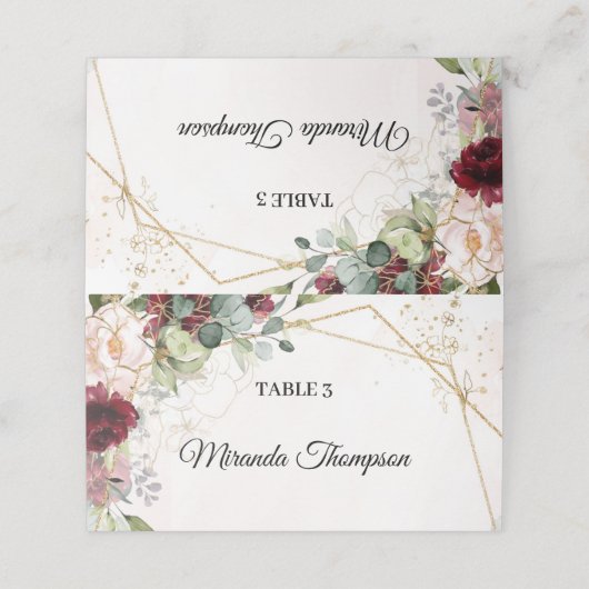 Blush en bruine florale eucalyptusgoud lijst plaatskaartje (Buitenkant ongevouwen)