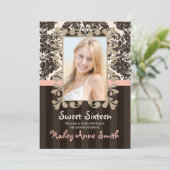 Blush en bruine  Lace Damask Sweet Sixteen Kaart (Staand voorkant)