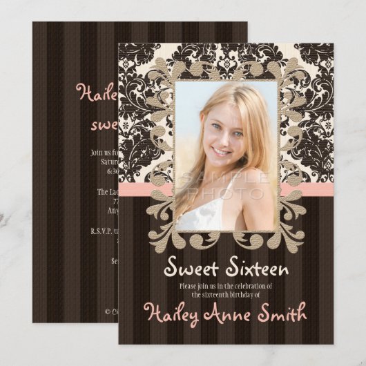 Blush en bruine  Lace Damask Sweet Sixteen Kaart (Voorkant / Achterkant)