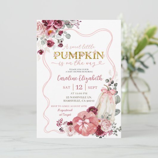 Blush en Burgundy Coquette Pumpkin Baby Shower Kaart (Staand voorkant)