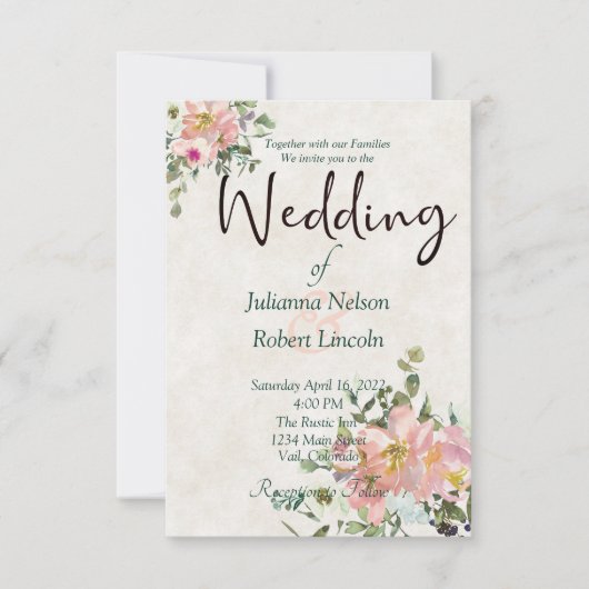 Blush en eggshell waterverf floral bruiloft invit kaart (Voorkant)