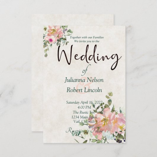 Blush en eggshell waterverf floral bruiloft invit kaart (Voorkant / Achterkant)