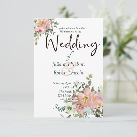 Blush en eggshell waterverf floral bruiloft invit kaart (Staand voorkant)