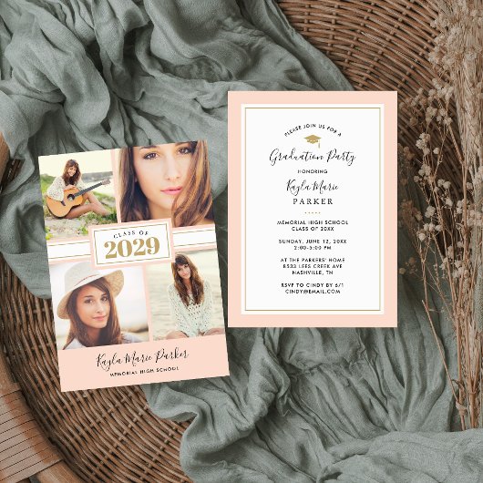 Blush en Gold | 4 Foto-Afstuderen-uitnodiging Aankondiging