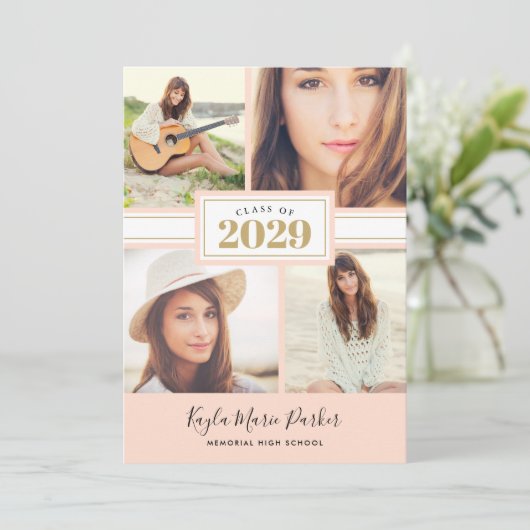 Blush en Gold | 4 Foto-Afstuderen-uitnodiging Aankondiging (Staand voorkant)