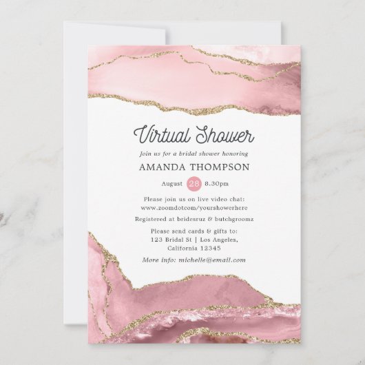 Blush en Gold Agate Virtual Vrijgezellenfeest Kaart (Voorkant)