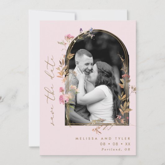 Blush en Gold Arch Wildflower Foto Save The Date (Voorkant)