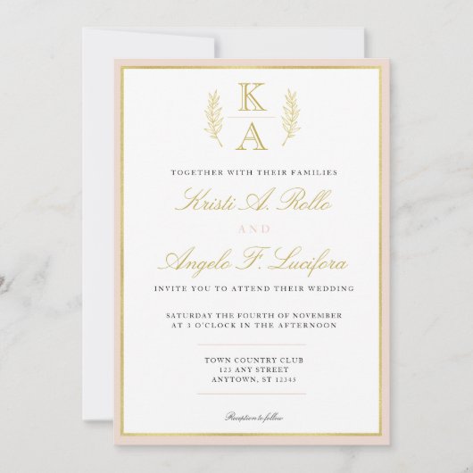 Blush en Gold Border Monogram Huwelijksuitnodiging Kaart (Voorkant)