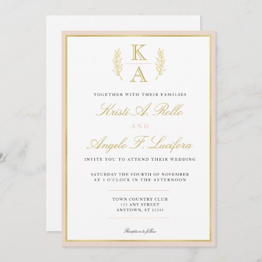 Blush en Gold Border Monogram Huwelijksuitnodiging Kaart (Voorkant / Achterkant)