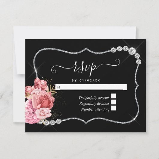 Blush en Gold en Silver Floral Diamond Wedding RSVP Kaartje (Voorkant)