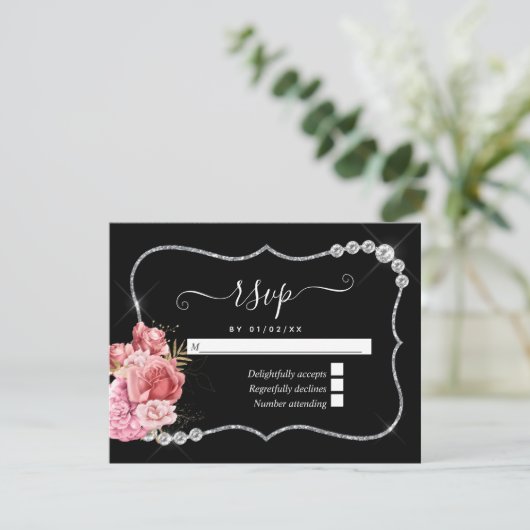 Blush en Gold en Silver Floral Diamond Wedding RSVP Kaartje (Staand voorkant)