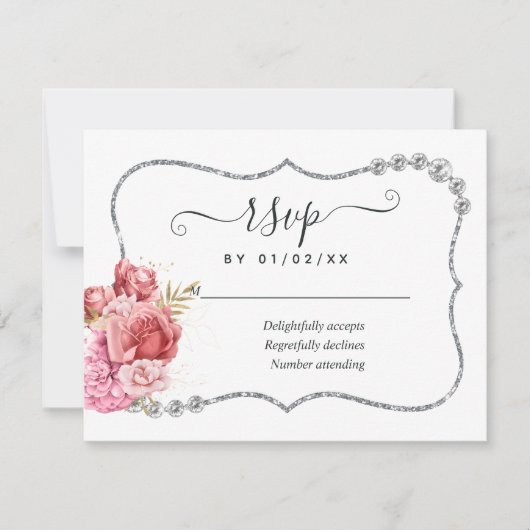 Blush en Gold en Silver Floral Diamond Wedding RSVP Kaartje (Voorkant)