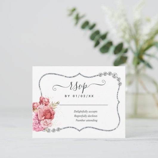 Blush en Gold en Silver Floral Diamond Wedding RSVP Kaartje (Staand voorkant)