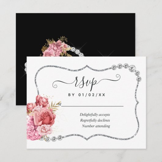 Blush en Gold en Silver Floral Diamond Wedding RSVP Kaartje (Voorkant / Achterkant)