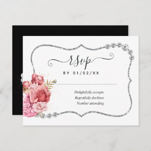 Blush en Gold en Silver Floral Diamond Wedding RSVP Kaartje